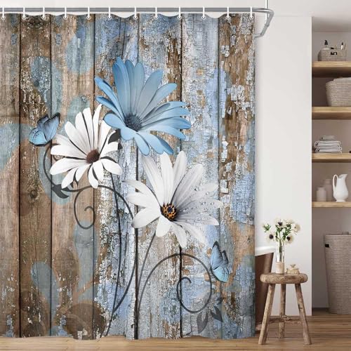 JAWO Farmhouse Flower Floral Shower Curtain, Rustic Blue Daisy Shower Curtain Set, Country Blue Wild Garden Plant Fabric Shower Curtain with Hooks, Brown Wooden Board Bathroom Curtain, 60x70inch