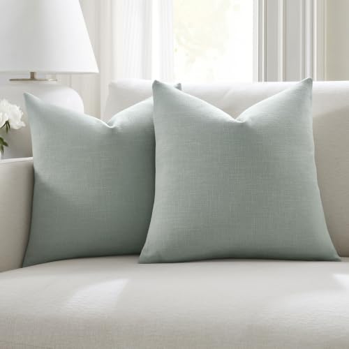 Meekio Set of 2 Sage Green Pillow Covers 22 x 22 Inch Farmhouse Boho Decorative Throw Pillow Covers Linen Cushion Covers for Sofa Couch D??cor