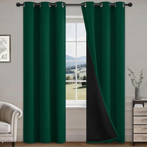 COSVIYA 100% Green Blackout Curtains for Bedroom Living Room 84 Inches Length 2 Panels Set, Full Light Blocking Thermal Insulated Grommet Nursery Window Treatment Drapes with Black Liner,W40 x L84