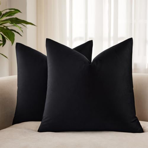 JUSPURBET Black Throw Pillow Covers Set of 2 Decorative Velvet Pillow Covers for Couch Sofa Bed Soft Cushion Covers Cases with Invisible Zipper for Living Room Home Decor 18x18 inch
