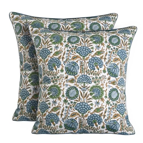 "Ridhi Block Print Asparagus Green Pillow Cover 16"" x 16"" (Pack of 2) Decorative Couch Pillows for Living Room, Farmhouse Chic Boho Cute Outdoor Pillows Covers Gifts for Spring, Mother's Day"