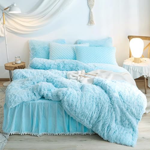 HAIHUA Shaggy Blue Comforter Cover Queen Set, Soft Faux Fur Fluffy Blue Bedding Queen Set 3 Pieces (1 Plush Duvet Cover + 2 Furry Pillow Cases) Fuzzy Bed Set, Zipper Closure