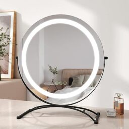 EMKE LED Hollywood Vanity Mirror, Round 360° Rotation Makeup Mirror Touch Screen Cosmetic Mirror with Dimmable, Adjustable Brightness and Memory Function, Illuminated Hollywood Mirror (Φ500mm, Black)