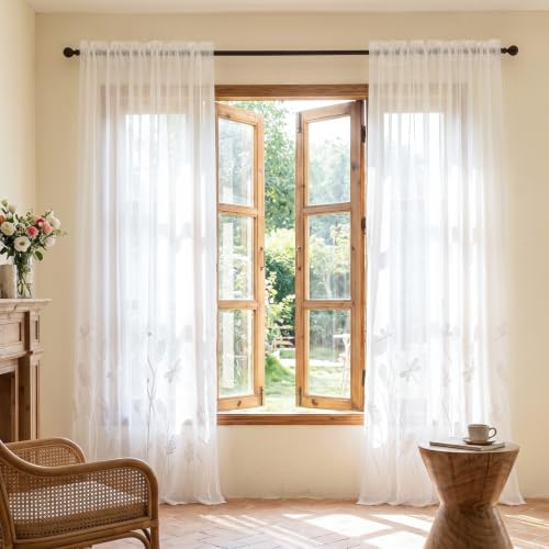 "Melodieux Wheat Embroidery Sheer Curtains for Living Room Bedroom, Farmhouse Floral Patterned Rod Pocket Voile Drapes, White Wheat/White Sheer, 52"" W x 63"" L, 2 Panels"