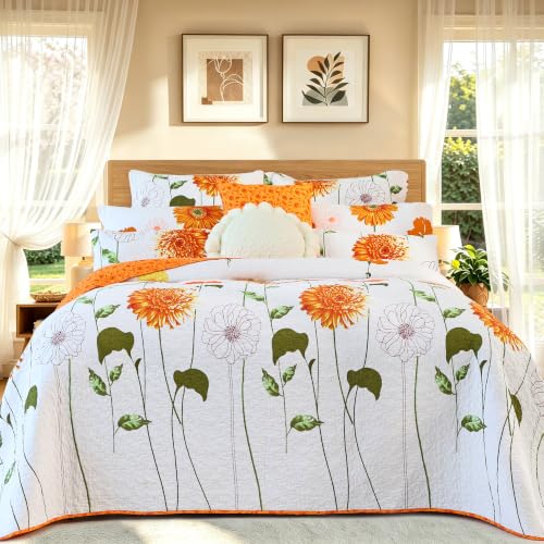 "EVENHUG 100% Cotton Quilt Set King Size Orange Sunflower Floral Bedding Sets with Pillow Shams Breathable Lightweight Bedspreads Coverlet for All Season 3 Piece (106""x96"")"