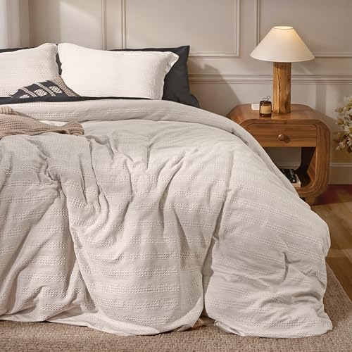 RUVANTI 100% Cotton Waffle Duvet Cover Queen Size Set, 3 Pieces, Line Stripe, Ultra Soft Pre-Washed Bedding, Breathable Comforter Cover Set 8 Corner Ties, Button Closure