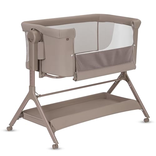 lionelo Leonie Plus 3-in-1 Bedside Cot, Co-Sleeper & Rocking Crib with Mattress – Adjustable Height, Drop-Down Side, Fixed-Level Rocking System, Mesh Sides, Lockable Wheels & Large Storage Basket
