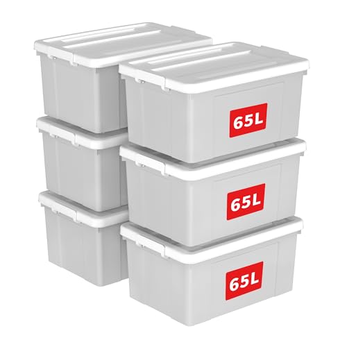 Cetomo 65L*6 Storage Boxes, Plastic Storage Box with Lids, Organizing Container with Secure Latching Buckles, Stackable, Nestable, Tote Bin for Home Office Clothes, 65L-6Pack, Gray