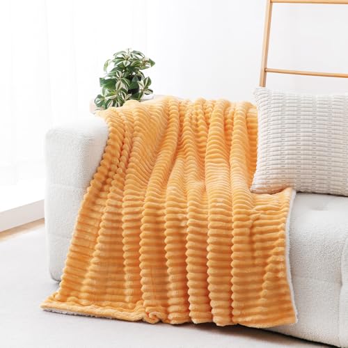 Linecooo Warm Yellow Sherpa Fleece Throw Blanket 50?????60??? for Couch Sofa Bed - Double Side Soft Fuzzy Cozy Plush Thick Flannel Blanket with Striped Design Gift for Adults,Woman