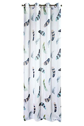 Eurofirany Smooth Feathers Pattern Transparent Print Matt 8 Eyelets Soft Curtains Modern Simple Bedroom Living Room White + Green 140 x 250 cm