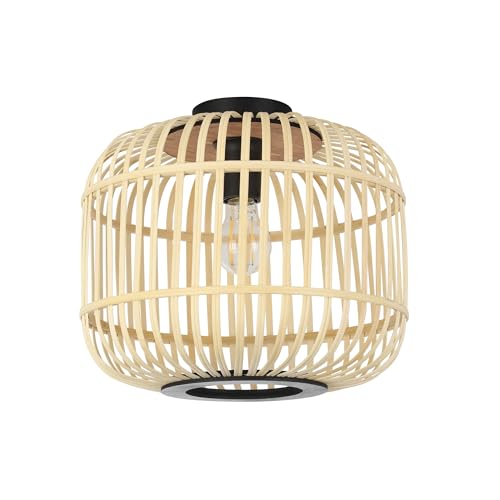 Eglo Ceiling Light Fixture Hanoi, Boho Living Room lamp, Bedroom and Hallway Lighting, Black Steel, Natural Wood, E27 Socket, Ø 45 cm
