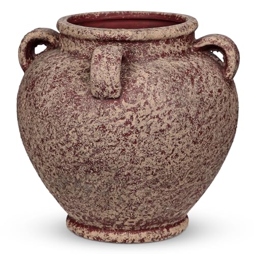 Rustic Ceramic Vase with Handles ??? Antique-Style Red Farmhouse Pottery Decorative Urn for Table Centerpiece, Mantel, Shelf, or Entryway Home D??cor