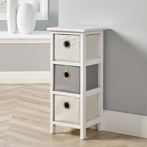 Home Source Storage Chest, Wooden Bedroom Hallway Cabinet, Faux Leather Drawers Organiser, White, 3 Drawer