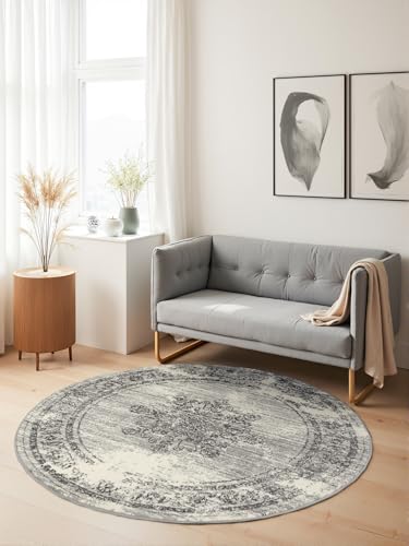 Hanse Home Lydia Short Pile Round Rug - Oriental Living Room Rug, Short Pile Classic, Soft in Oriental Design for Living Room, Bedroom, Dining Room, Hallway - Cream Grey, Diameter 160 cm
