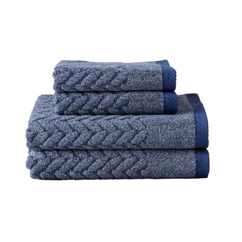 Texere 100% Organic Cotton Cable Jacquard 650 GSM Luxury Towel Sets - Ultra Soft and Absorbent Hotel and Spa Quality (Cable, Estate Blue, 2 Hand & 2 Face Towels)