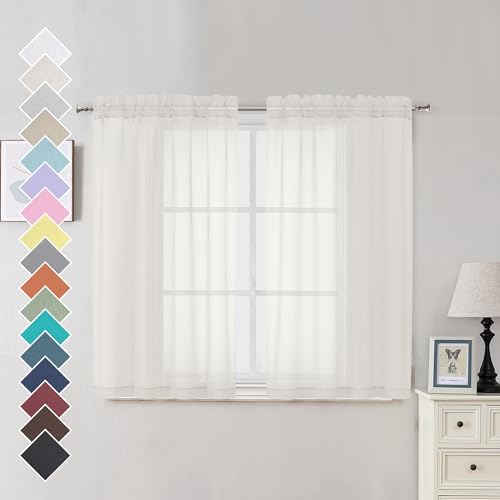OVZME Sheer Curtains Ivory 45 inches Long Kitchen Curtains, Rod Pocket Clean Selvedge Voile Window Treatments, 2 Panels=84 Inches Width.