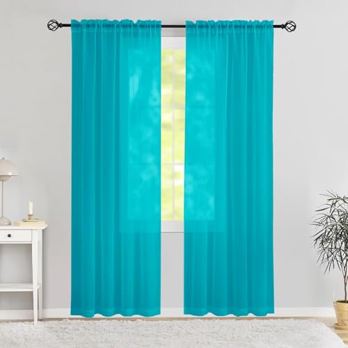 "Karseteli Semi Voile Sheer Curtains 96 Inches Long 2 Panels Rod Pocket Window Treatment for Living Room Bedroom Dining Room(Peacock Blue 42"" W x 96"" L)"