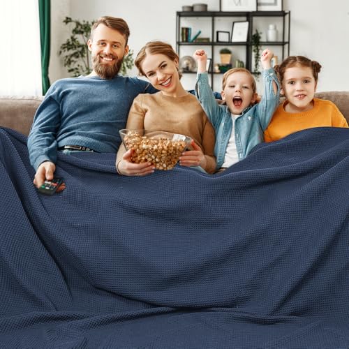 "PHF Pre-Washed Cotton Waffle Weave Family Blanket,Oversized King Size 120""x 120""-Snag Proof Lightweight Breathable, 10'x 10' Huge Extra Large Big-Elegant Aesthetic Home Decoration Gift,Dark Navy"
