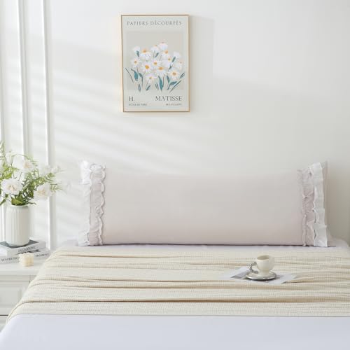 Herside Beige Body Pillow Cover,White Ruffle Pillow Sham,20x54 inches Body Pillow Case,French Country Vintage Ruffled Long Pillow Cover,Cute Bow Pillowcase 1 Pack Ultra Soft Washed Microfiber