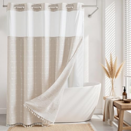 Farmhouse Shower Curtain with Snap-in Liner,No Hooks Needed, Fabric Shower Curtains with Tassels for Rustic Bathroom Decor,with Window,with Magnets,Water Repellent&Machine Washable,Linen,71x80Inch