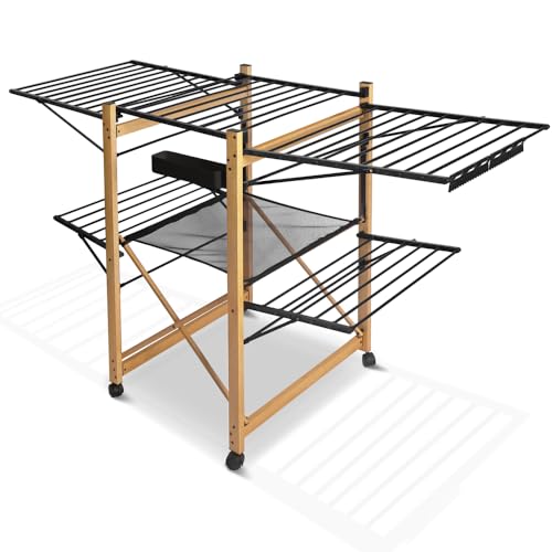 VOUNOT® Large Clothes Airer, Foldable Clothes Drying Rack, 2-Level Clothes Horse with Wings & Casters, Free-Standing Garment Laundry Drying Rack for Indoor Outdoor, Black