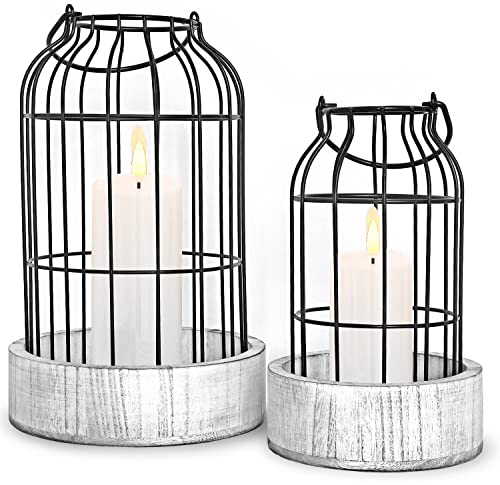 Livelab Modern Farmhouse Lantern Decor, [Refined] Rustic Home Decor Lanterns, Wire Metal Cloche Decorative Candle Holder for Your Living Room, Fireplace Mantle, Bathroom Countertop, Dining Table