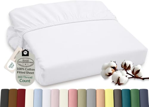 ROYALE LINENS 300 Thread Count 100% Long Staple Combed Cotton Fitted Sheet King - Super Soft Deep Pocket Bottom Sheet - Fitted Sheets Only - Elastic Sheets (King, White)