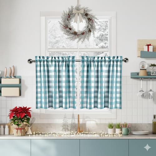 "Teal White Buffalo Plaid Cafe Curtains 30 Inch Length,Dark Blue Buffalo Check Half Window Kitchen Curtains, Gingham Rod Pocket Short Tier Curtain for Kitchen Bathroom, 28""W x 30""L, Teal/White Set of 2"