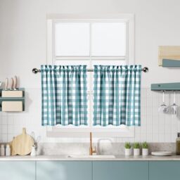 "Teal White Buffalo Plaid Cafe Curtains 30 Inch Length,Dark Blue Buffalo Check Half Window Kitchen Curtains, Gingham Rod Pocket Short Tier Curtain for Kitchen Bathroom, 28""W x 30""L, Teal/White Set of 2"