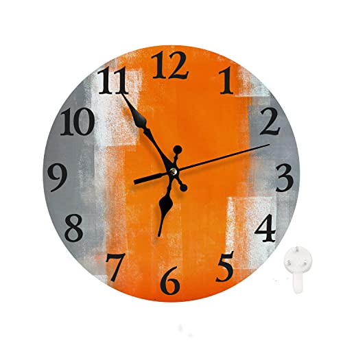 LOKMU Silent Non Ticking Clock 10 Inch,Round Wall Clock,Decorative for Living Room, Kitchen, Home,Bathroom, Bedroom, Office or School Grey and Orange Abstract Art Painting (Grey and Orange)