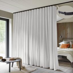 MaKefeile Room Divider Curtains with Flexible Ceiling Curtain Tracks Set,100% Blackout Floor to Ceiling Curtains Patio Sliding Door Curtains (White Drape & Black Rail W 12.5 ?? H 7 FT)