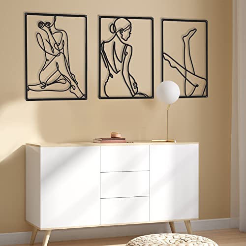 CHENGU 3 Pieces Metal Minimalist Abstract Woman Wall Art Line Drawing Wall Art Decor Single Line Female Home Hanging Wall Art Decor for Kitchen Bathroom Living Room (Black, Leg)