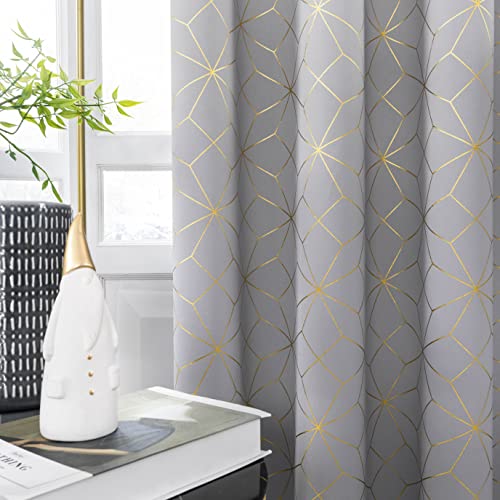 Beauoop Grey Gold 100% Blackout Curtains for Bedroom 50x96 2 Panels - Geometric Foil Patterned Room Darkening Drapes for Living Room 96 Inch Long Moroccan Thermal Insulated Soundproof Grommet