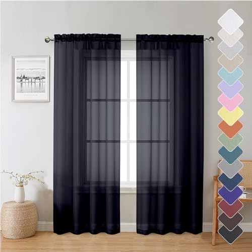 "Lecloud Black Sheer Curtain Panels 72 Inch Length, Light Filtering Window Curtain Drapes Treatment for Living Room, Breathable Rod Pocket Sheer Curtains for Bedroom, 2 Panels, Each 40"" Wx72 L"