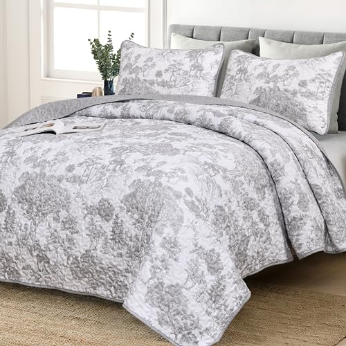 "WONGS BEDDING Grey Quilt Set King Size, 3 Pieces Botanical Bedspreads Set Lightweight Microfiber Grey Plants Pattern Coverlet Home Decor for All Seasons(104""×90"")"