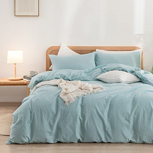 BESTOUCH Cotton Solid Duvet Cover Set Linen Feel Hushed Green Cal King - 100% Washed Cotton, Soft Wrinkle Texture, Hidden Zipper, 8 Ties, Breathable Lightweight Durable Comfy, 3 Pcs No Insert