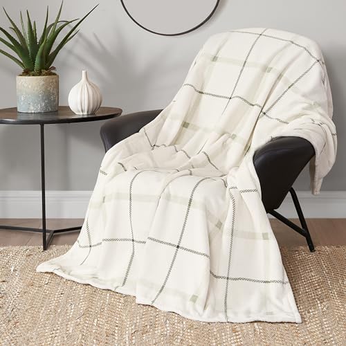 "Lucky Brand Palmdale White with Sage Green Plaid 50""X70"" Cozy Plush Blanket - Premium Microfiber Throw for Luxurious Comfort"