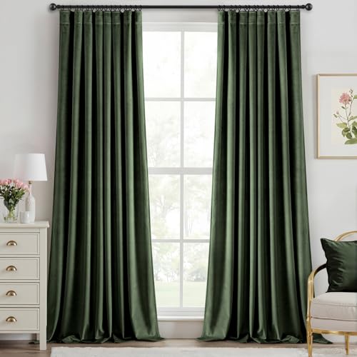 Olive Green Velvet Curtains 108 Inches Long Blackout Thermal Insulated Soundproof Curtain Privacy Room Darkening Curtains Pinch Pleat Window Drapes for Bedroom Living Room 42 x 108 Inch Set of 2