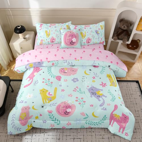 Bodhi Love Queen Size Comforter Sets for Girls,Kids Cats Queen Bedding Sets,Teens Flowers Cats Comforter Sets 6 Piece