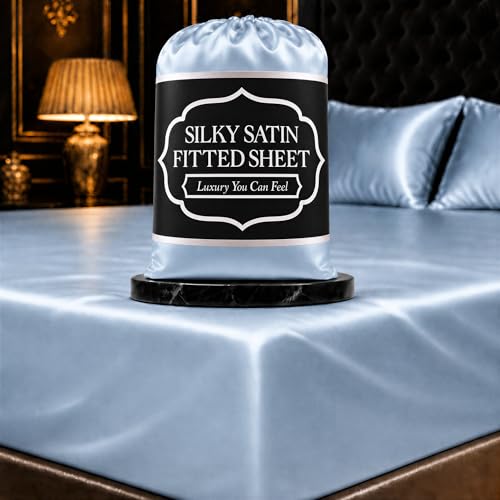 DECOLURE Satin Fitted Sheet Full Size (1 PC) ??? Luxuriously Smooth & Softer Than Silk Bed Sheets w/ 15 Inch Deep Pocket Hypoallergenic Wrinkle Free, Secure Snug Fit, Elastic Corner Straps (Baby Blue)
