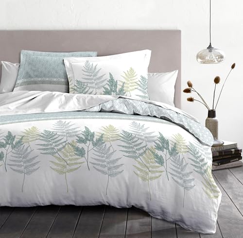 Duvet Cover Set 140 x 200 cm – 2 Pieces – Soft Cotton Percale – Duvet Cover + Pillowcase – White & Sea Green – La Marquise Model