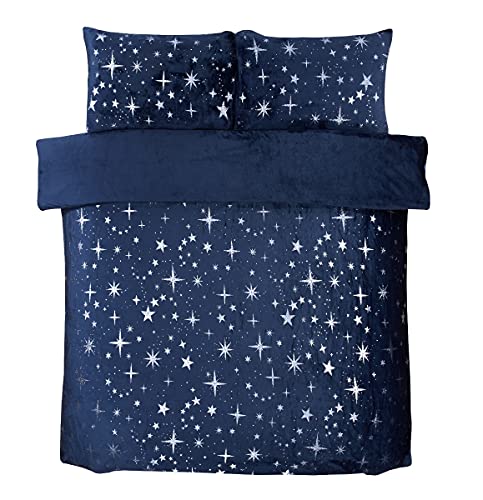 Sleepdown Scattered Stars Luxury Foil Fleece Plain Reverse Warm Soft Cosy Duvet Cover Quilt Bedding Set with Pillowcases - Navy Blue, Double (200 cm x 200 cm)