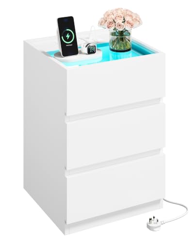 IRONCK Bedside Table Glass Top Bedside Cabinet with LED & Charging Station