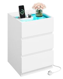 IRONCK Bedside Table Glass Top Bedside Cabinet with LED & Charging Station