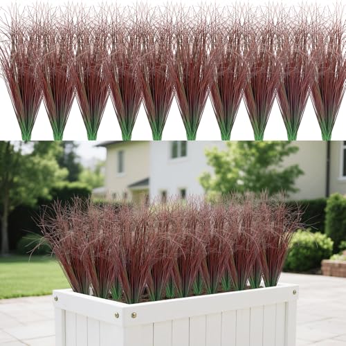 LUZOGA 60 Bundles Artificial Grass Plants Outdoor Tall Faux Shrubs Greenery Stems Fake Onion Grasses Wheat Grass UV Resistant Faux Bushes Plant for Garden Indoor Office Home Decor???Red???