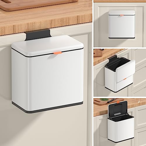 Mbillion Kitchen Compost Bin Hanging Trash Can with Lid 1.05 Gallon Stainless Steel Garbage Can for Kitchen Cabinet Door Mounted Trash Can Under Sink Door RV Bathroom,White