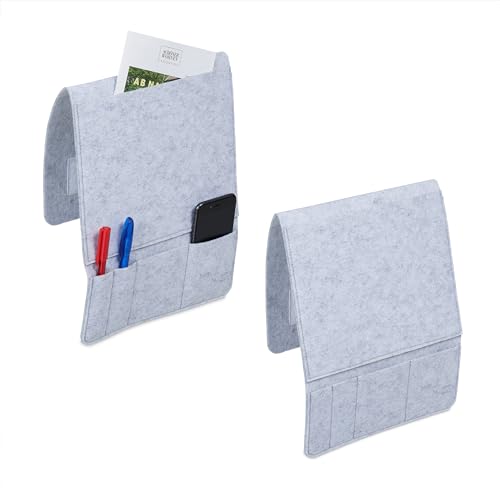 Relaxdays Organiser Pockets, Set of 2, 5 Compartments, Hook & Loop Fastener, Storage for Bed & Sofa, Felt, Light Grey, 33.5 x 25 x 3 cm