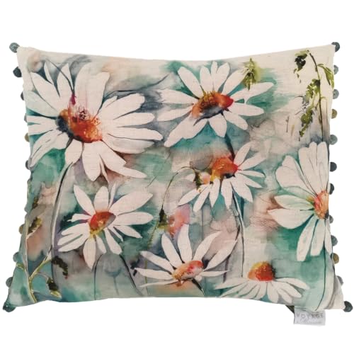 Voyage Maison Prairie Feather Filled Cushion (Biscay - 45x55cm) - Watercolour Daisy Botanical Floral Decorative Pom Pom Trim Pillow