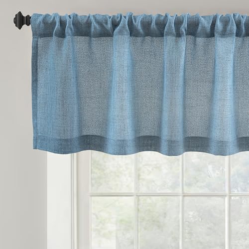 DriftAway Linen Textured Window Valance for Kitchen Semi Sheer Light Filtering 3 Inch Rod Pocket Farmhouse Country Rustic Window Curtain Valances 18 inch Length for Bathroom Living Room Blue