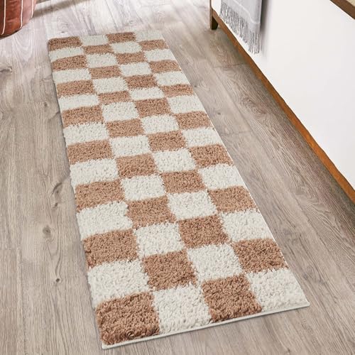 Rugs by Desire Chester Living Room Shaggy Area Rug Modern - Contemporary Checkered Design 30mm Plush Pile Jute Backing Soft Woven Carpet -Hallway Runner Indoor Rug, Terracotta, 60x220 cm